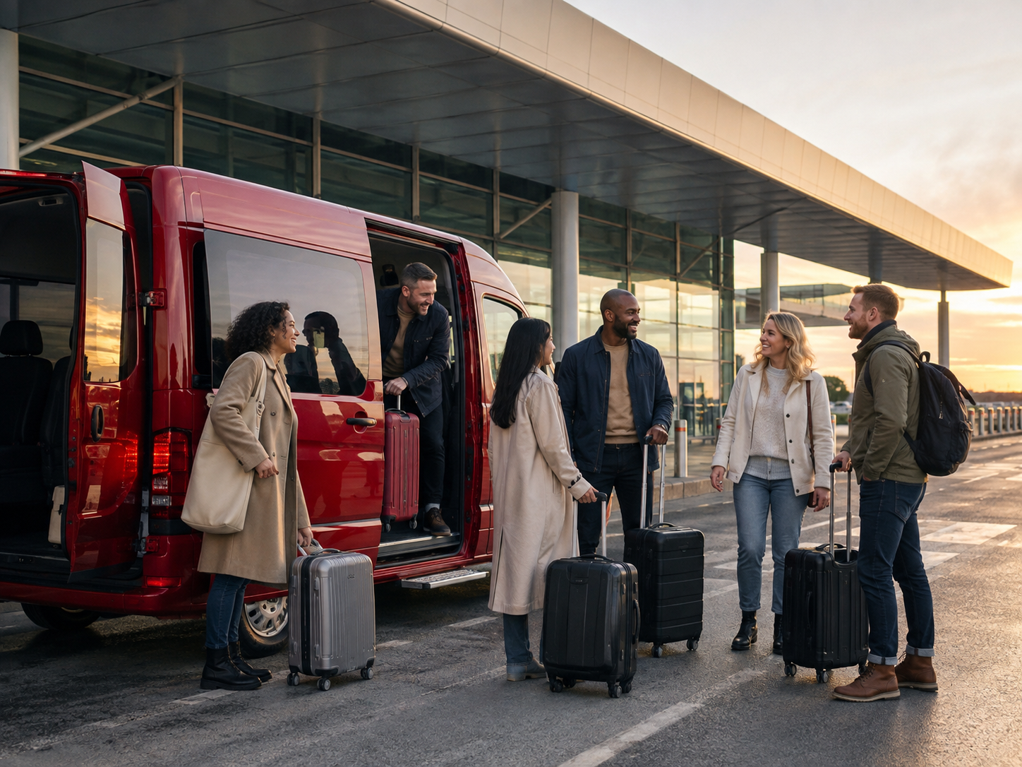 A group of adult travellers with luggage beside a red minibus at an airport