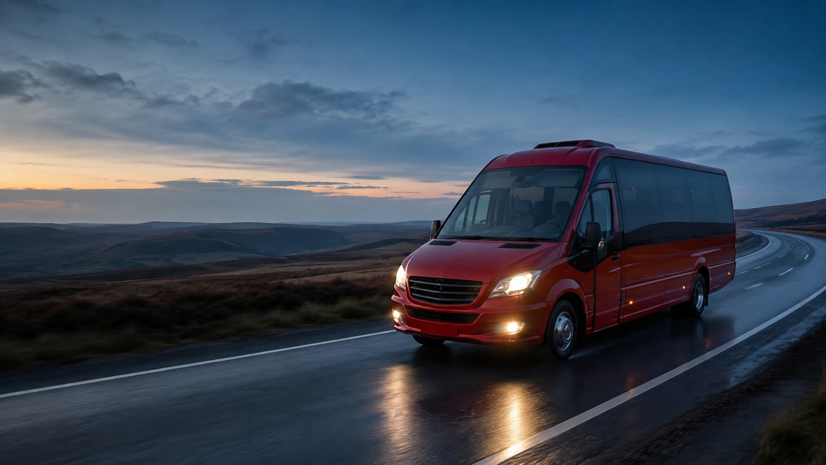 A red minibus travelling through open countryside at blue hour